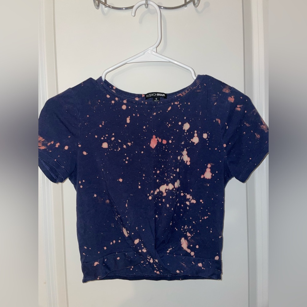 Fashion Nova Navy Blue “Bleach Washed” Knotted Crop Top